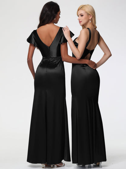 Black Long Bridesmaid Dress Halter Trumpet/Mermaid Stretch Satin Bridesmaid Dresses With Split