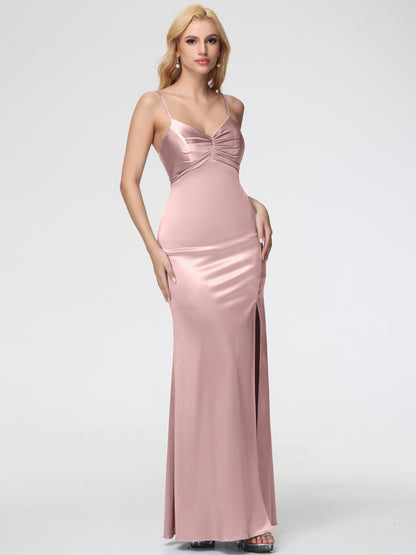 Bridesmaid Dress Dusty Rose V-Neck Sleeveless Spaghetti Straps Trumpet/Mermaid Split Stretch Satin Bridesmaid Dresses