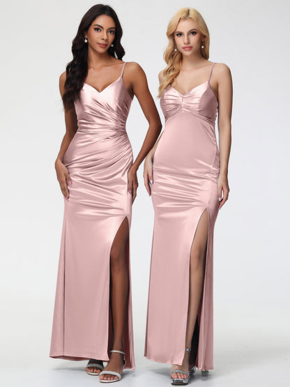 Bridesmaid Dress Dusty Rose V-Neck Sleeveless Spaghetti Straps Trumpet/Mermaid Split Stretch Satin Bridesmaid Dresses