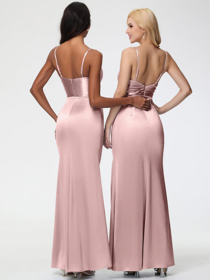Bridesmaid Dress Dusty Rose V-Neck Sleeveless Spaghetti Straps Trumpet/Mermaid Split Stretch Satin Bridesmaid Dresses