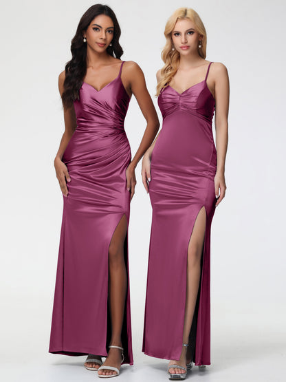 Bridesmaid Dress Mulberry V-Neck Sleeveless Spaghetti Straps Trumpet/Mermaid Split Stretch Satin Bridesmaid Dresses