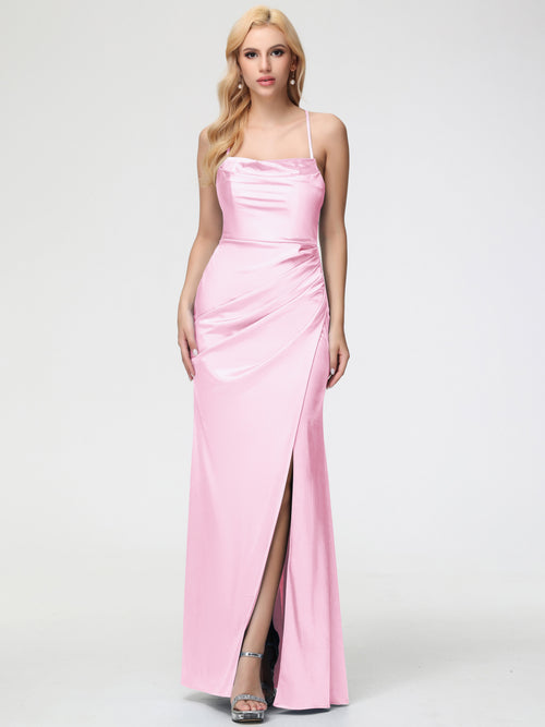 Blushing Pink Bridesmaid Dresses Sleeveless Cowl Spaghetti Straps Trumpet/Mermaid Split Stretch Satin Bridesmaid Dresses