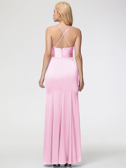 Blushing Pink Bridesmaid Dresses Sleeveless Cowl Spaghetti Straps Trumpet/Mermaid Split Stretch Satin Bridesmaid Dresses