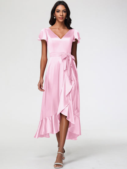 Long Blushing Pink Bridesmaid Dresses Tea-Length Short Sleeves Ruffles A-Line Stretch Satin Bridesmaid Dresses