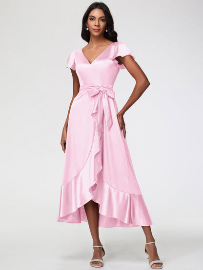 Long Blushing Pink Bridesmaid Dresses Tea-Length Short Sleeves Ruffles A-Line Stretch Satin Bridesmaid Dresses