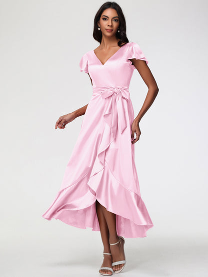 Long Blushing Pink Bridesmaid Dresses Tea-Length Short Sleeves Ruffles A-Line Stretch Satin Bridesmaid Dresses