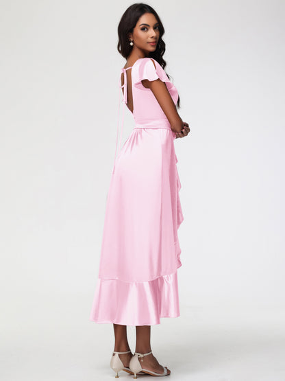 Long Blushing Pink Bridesmaid Dresses Tea-Length Short Sleeves Ruffles A-Line Stretch Satin Bridesmaid Dresses