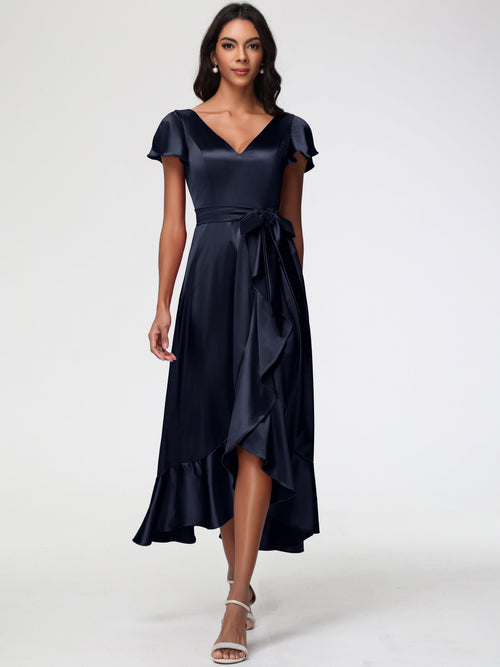 Dark Navy Bridesmaids Dresses Tea-Length Short Sleeves Ruffles A-Line Stretch Satin Bridesmaid Dresses
