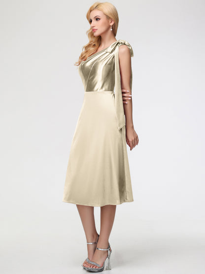 Champagne Bridesmaid Dresses One Shoulder Tea-Length Sleeveless A-Line Stretch Satin Bridesmaid Dresses
