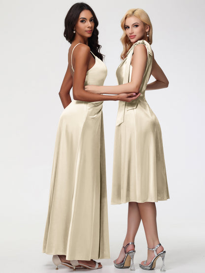 Champagne Bridesmaid Dresses One Shoulder Tea-Length Sleeveless A-Line Stretch Satin Bridesmaid Dresses