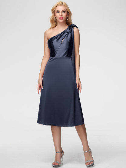 Dark Navy Blue One Shoulder Bridesmaid Dress One Shoulder Tea-Length Sleeveless A-Line Stretch Satin Bridesmaid Dresses