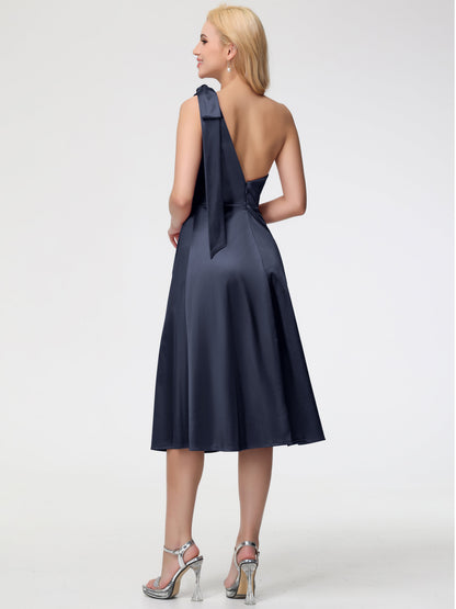 Dark Navy Blue One Shoulder Bridesmaid Dress One Shoulder Tea-Length Sleeveless A-Line Stretch Satin Bridesmaid Dresses