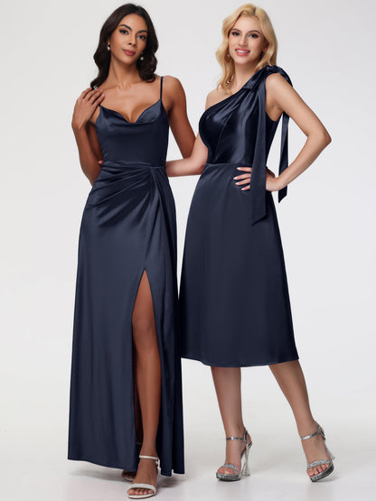 Dark Navy Blue One Shoulder Bridesmaid Dress One Shoulder Tea-Length Sleeveless A-Line Stretch Satin Bridesmaid Dresses