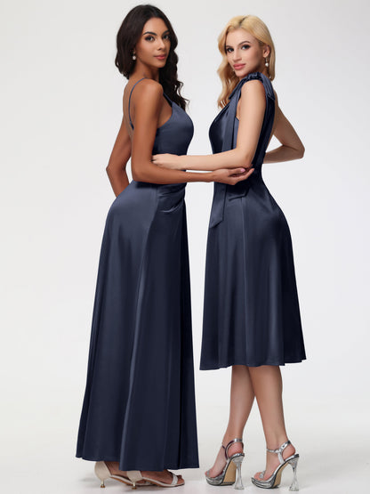 Dark Navy Blue One Shoulder Bridesmaid Dress One Shoulder Tea-Length Sleeveless A-Line Stretch Satin Bridesmaid Dresses