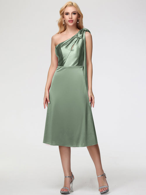 Dusty Sage Bridesmaids Dresses One Shoulder Tea-Length Sleeveless A-Line Stretch Satin Bridesmaid Dresses