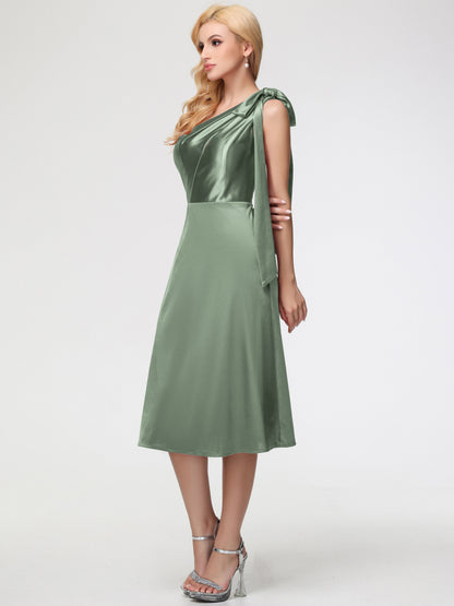 Dusty Sage Bridesmaids Dresses One Shoulder Tea-Length Sleeveless A-Line Stretch Satin Bridesmaid Dresses