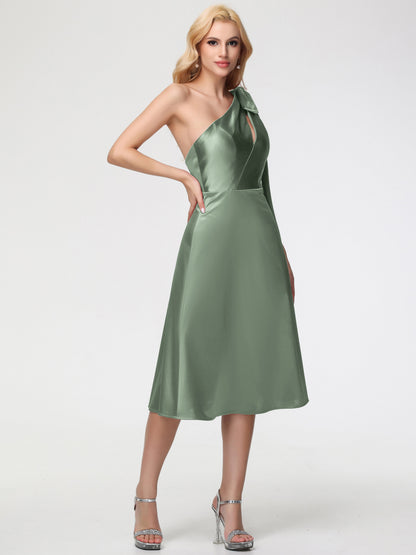 Dusty Sage Bridesmaids Dresses One Shoulder Tea-Length Sleeveless A-Line Stretch Satin Bridesmaid Dresses