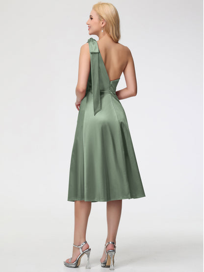 Dusty Sage Bridesmaids Dresses One Shoulder Tea-Length Sleeveless A-Line Stretch Satin Bridesmaid Dresses