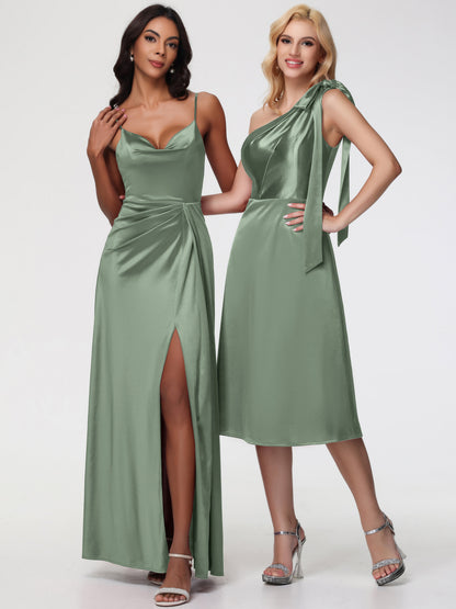 Dusty Sage Bridesmaids Dresses One Shoulder Tea-Length Sleeveless A-Line Stretch Satin Bridesmaid Dresses