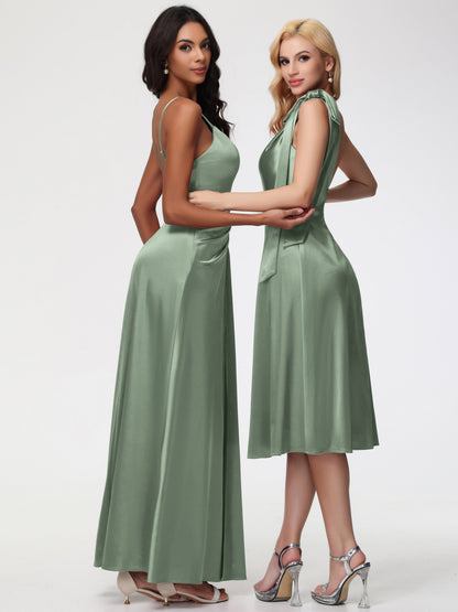 Dusty Sage Bridesmaids Dresses One Shoulder Tea-Length Sleeveless A-Line Stretch Satin Bridesmaid Dresses