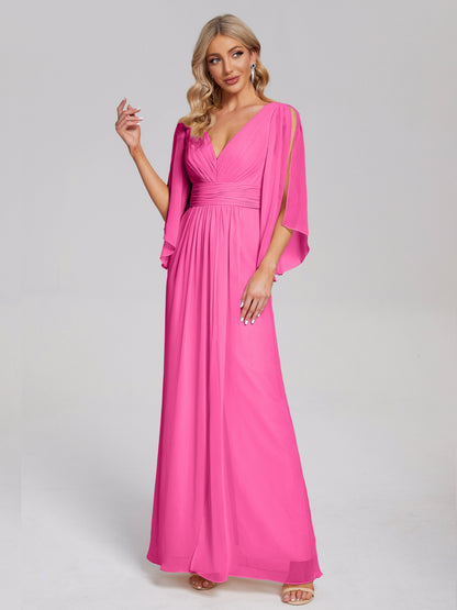 Fatima V-neck Ruffles Long Chiffon Bridesmaid Dress with Slit
