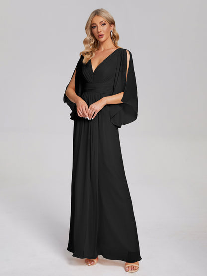Fatima V-neck Ruffles Long Chiffon Bridesmaid Dress with Slit