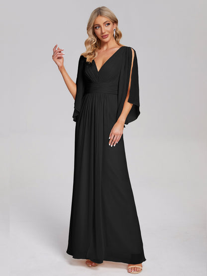 Fatima V-neck Ruffles Long Chiffon Bridesmaid Dress with Slit