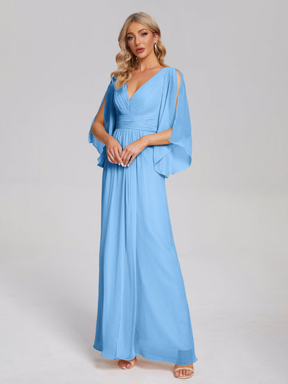 Fatima V-neck Ruffles Long Chiffon Bridesmaid Dress with Slit