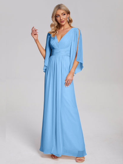Fatima V-neck Ruffles Long Chiffon Bridesmaid Dress with Slit