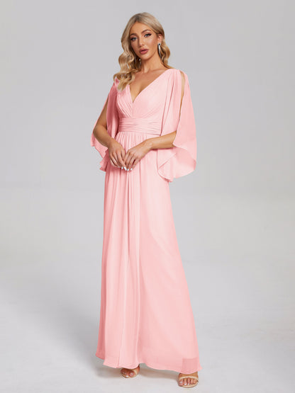 Fatima V-neck Ruffles Long Chiffon Bridesmaid Dress with Slit