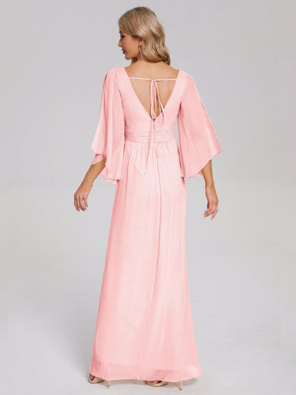 Fatima V-neck Ruffles Long Chiffon Bridesmaid Dress with Slit