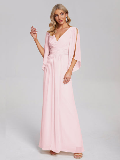 Fatima V-neck Ruffles Long Chiffon Bridesmaid Dress with Slit