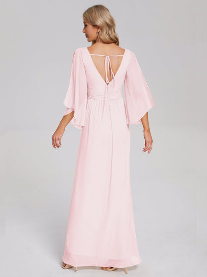 Fatima V-neck Ruffles Long Chiffon Bridesmaid Dress with Slit