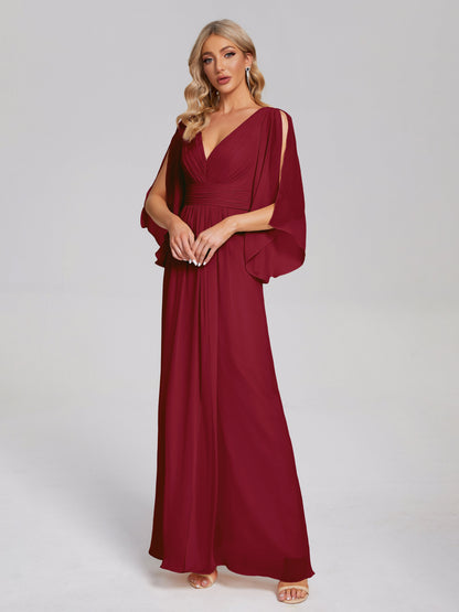 Fatima V-neck Ruffles Long Chiffon Bridesmaid Dress with Slit