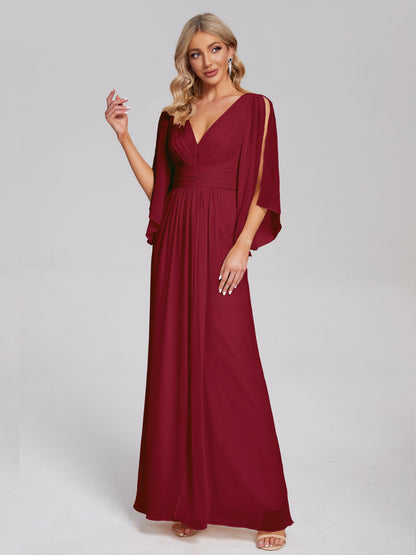 Fatima V-neck Ruffles Long Chiffon Bridesmaid Dress with Slit