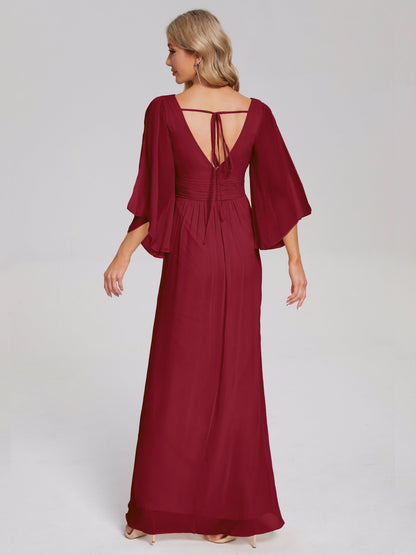 Fatima V-neck Ruffles Long Chiffon Bridesmaid Dress with Slit