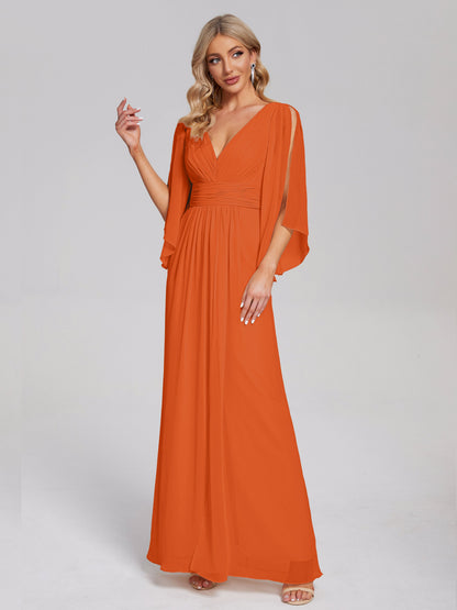 Fatima V-neck Ruffles Long Chiffon Bridesmaid Dress with Slit