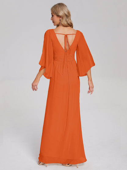 Fatima V-neck Ruffles Long Chiffon Bridesmaid Dress with Slit
