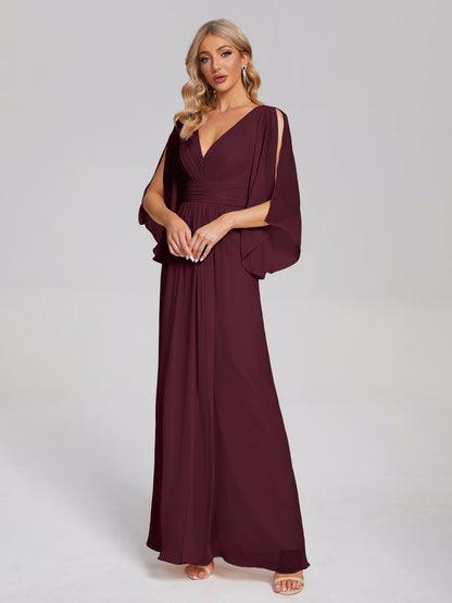 Fatima V-neck Ruffles Long Chiffon Bridesmaid Dress with Slit