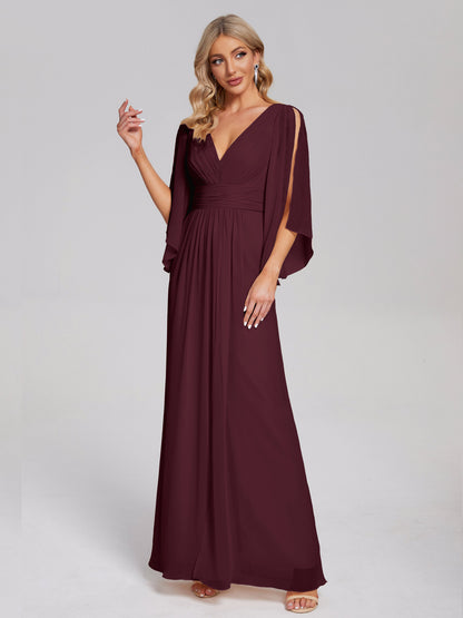 Fatima V-neck Ruffles Long Chiffon Bridesmaid Dress with Slit