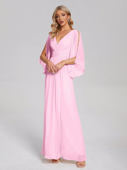 Fatima V-neck Ruffles Long Chiffon Bridesmaid Dress with Slit