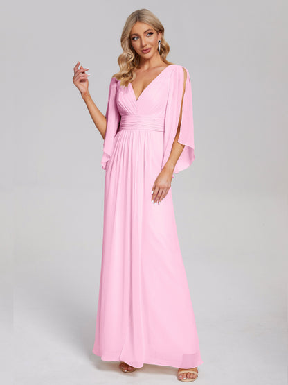 Fatima V-neck Ruffles Long Chiffon Bridesmaid Dress with Slit