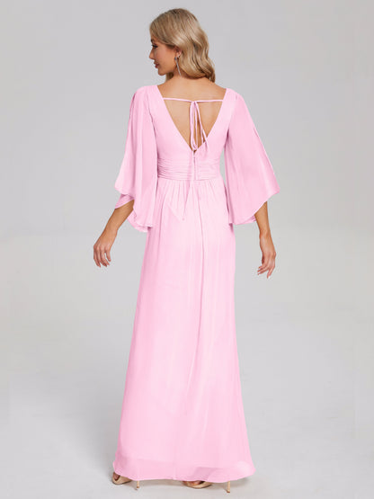 Fatima V-neck Ruffles Long Chiffon Bridesmaid Dress with Slit