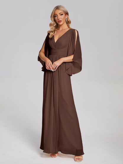 Fatima V-neck Ruffles Long Chiffon Bridesmaid Dress with Slit