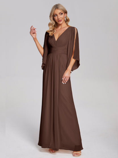 Fatima V-neck Ruffles Long Chiffon Bridesmaid Dress with Slit