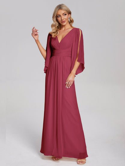 Fatima V-neck Ruffles Long Chiffon Bridesmaid Dress with Slit