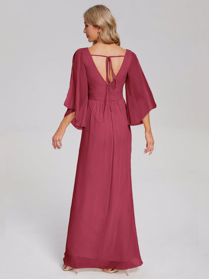 Fatima V-neck Ruffles Long Chiffon Bridesmaid Dress with Slit