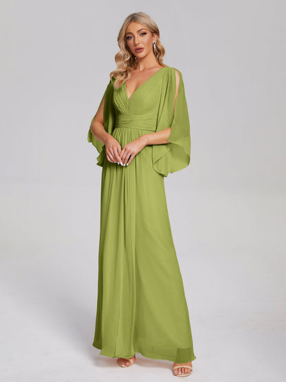 Fatima V-neck Ruffles Long Chiffon Bridesmaid Dress with Slit