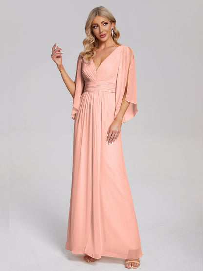 Fatima V-neck Ruffles Long Chiffon Bridesmaid Dress with Slit