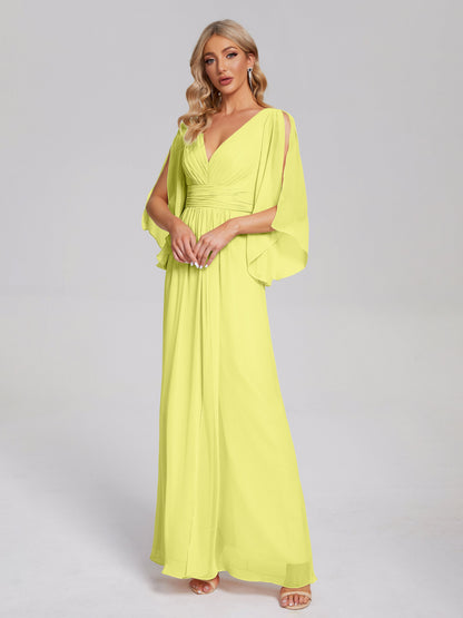 Fatima V-neck Ruffles Long Chiffon Bridesmaid Dress with Slit